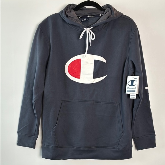 Champion Other - Champion Men's Dark Blue Hoodie with Red and White Logo and Kangaroo Pocket